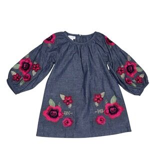 Mud Pie Floral Embroidered Chambray Dress Toddler 3T Blue Excellent Boho Peasant